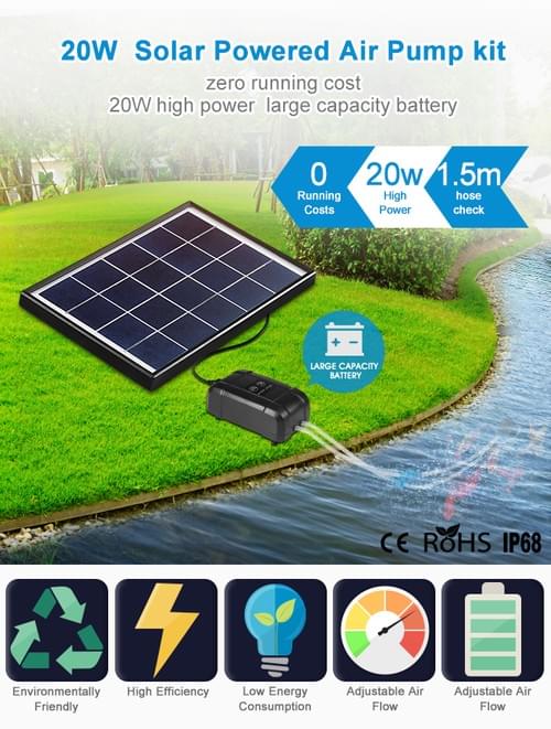 20W Solar Powered Panel Air Oxygenator Pump for Fish Pond Outdoor Pool