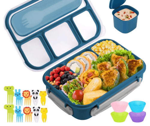 Lunch Box 4 Compartments (with Mini-Containers, Fruit Picks, Silicone Muffin Cup), Adult Leakproof