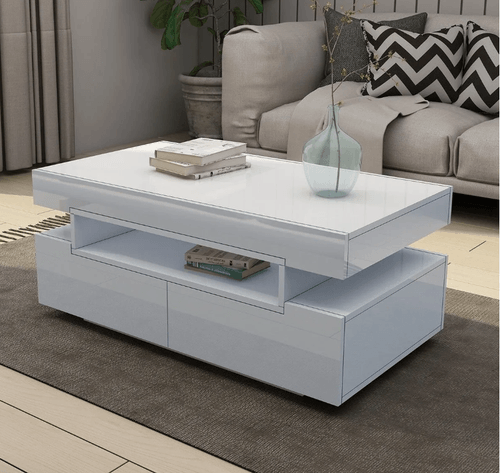 New Modern White Coffee Table 4-Drawer Storage Shelf High Gloss Wood Living Room Furniture