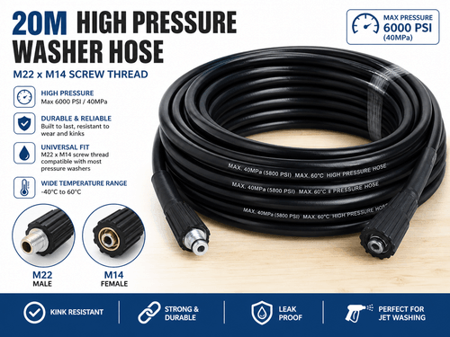 20m High Pressure Washer Hose M22 x M14 Screw Thread Jet Wash