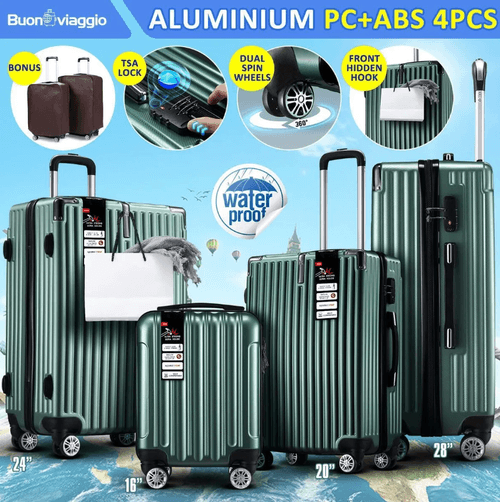 4 Piece Luggage Set Carry On Traveller Suitcases Hard Shell TSA Lock Front Hook