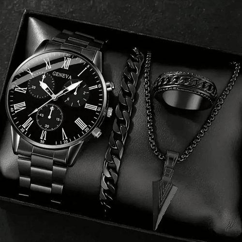 4pc Set Men's Stainless Steel Black Watch Set