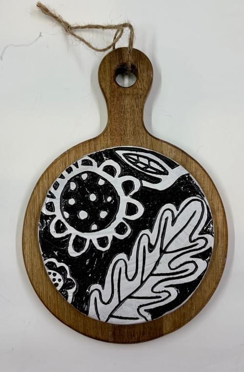 Hand-built and Hand-carved Abstract Botanical Ceramic Tile on Mini-cutting Board-Free Shipping