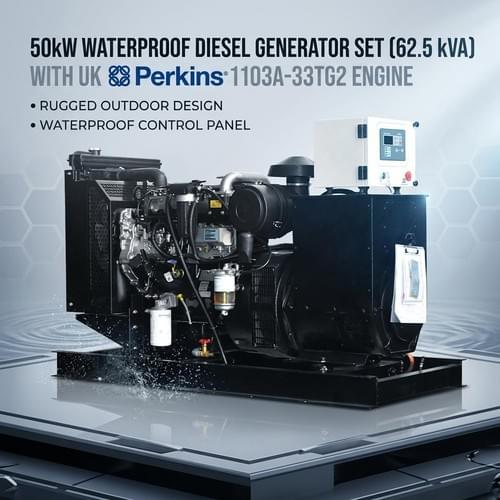 50kW Waterproof Diesel Generator Set (62.5 kVA) with UK Perkins 1103A-33TG2 Engine