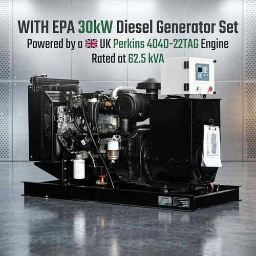WITH EPA 30kW Diesel Generator Set, Powered by a UK Perkins 404D-22TAG Engine, Rated at 62.5 kVA