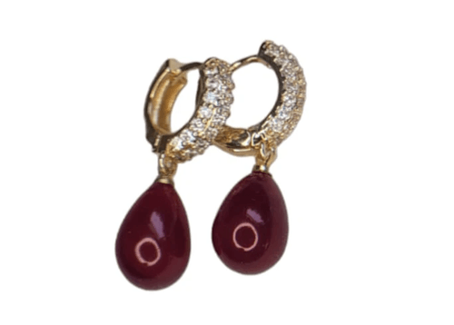 Deep red, Cubic Zirconia gold hoops earrings. Item#197B