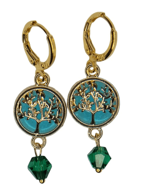 Tree of Life Greenish blue Glass charm earrings Gold Coated -Item#272B