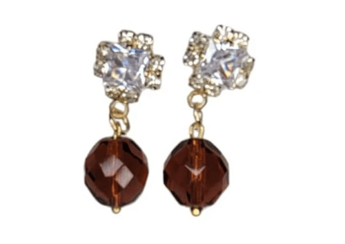 Brown bead earrings with cubic zirconia studs, gold coated cubic Zirconia -Item#301B