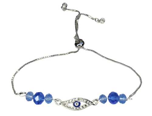 Silver Coated Evil Eye and Blue Beads Bracelet -Item238B