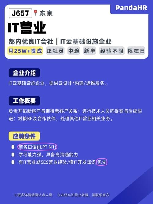 【J657】IT营业|月25W+提成|东京