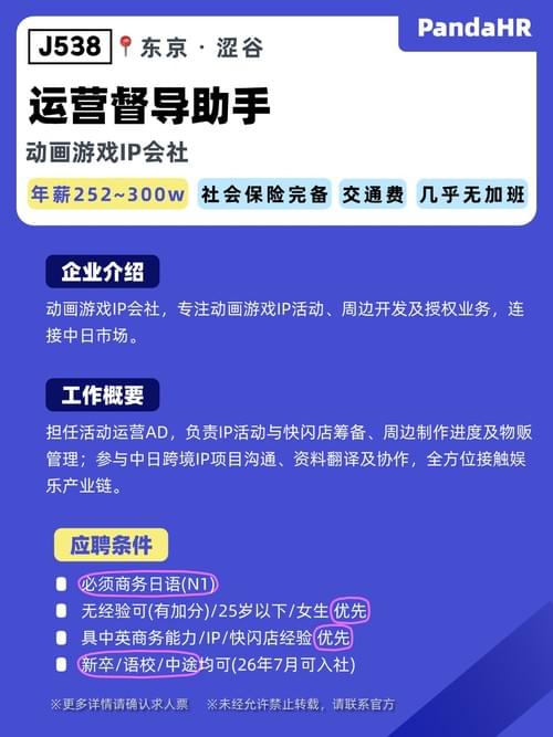 【J538】运营督导助手|252~300W|东京・涩谷