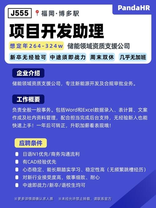【J555】新能源项目开发助理|年薪264万-324万|福冈