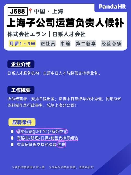 【J688】上海子公司运营负责人候补|月薪1~3W|中国上海