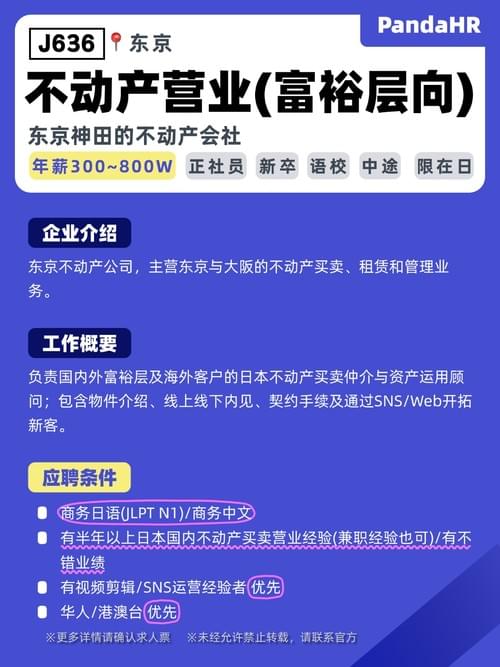 【J636】不动产营业(富裕层向)|300~800W|东京