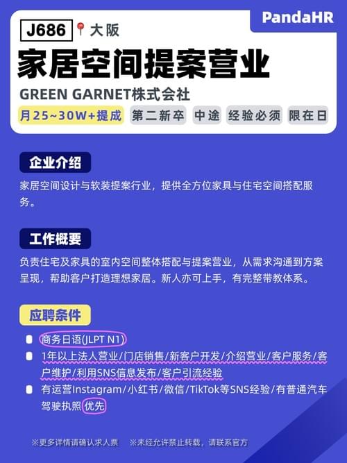 【J686】家居空间提案营业|月25~30W+提成|大阪