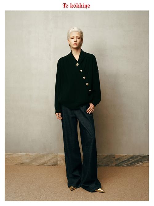 tokokkino* Mid-Rise Pleated Loose Dark Straight Leg Pants