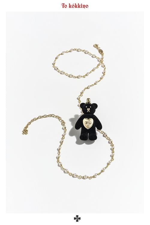 tokokkino* Velvet Little Black Bear Pearl Necklace