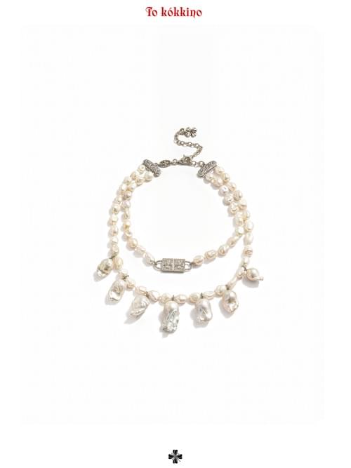 tokokkino "Drowning Moonlight" Antiqued White Double-layer Baroque Pearl Double-lock Choker