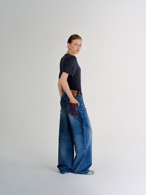 To kokkino Blue washed hemp rope embroidered jeans