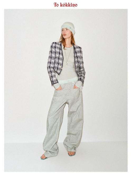 tokokkino "Blue Daydream" Hand-Knit Tweed V-Neck Dropped-Shoulder Cropped Coat