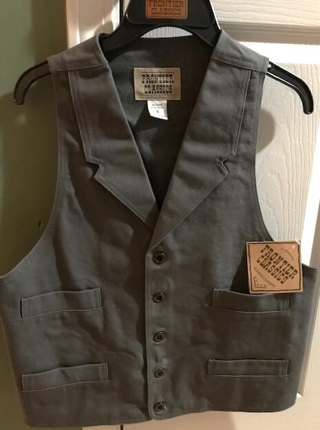 New FRONTIER CLASSICS Gray canvas gunfighter's vest. Sizes in Small and Medium only