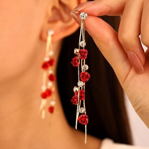 Rose & Rhinestone Tassel Earrings - French Romantic Collection (1 Pair)
