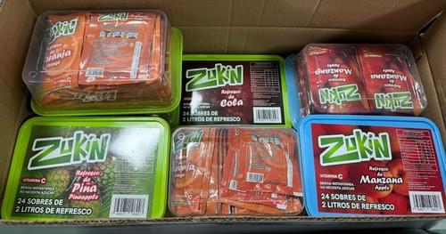 1 CAJA CON 576 SOBRES. Refresco en polvo marca Zukín, sobre para 2 litros. 24 pozuelos.