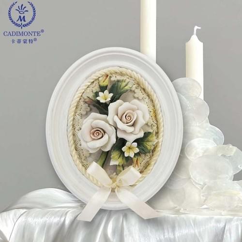Beautiful Handmade Capodimonte Style Porcelain Flower Bouquet in Oval Frame Wall