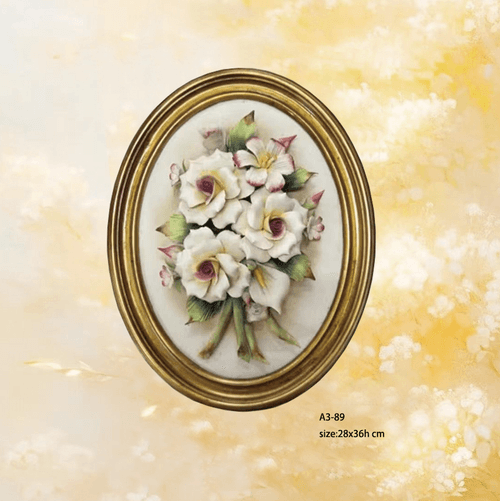 Beautiful Handmade Capodimonte Style Porcelain Flower Bouquet in Oval Frame Wall