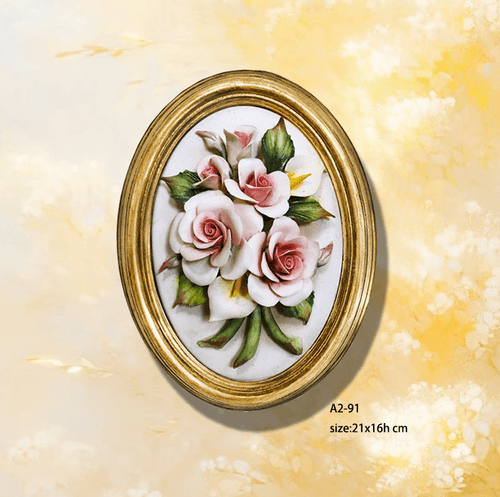 Beautiful Handmade Capodimonte Style Porcelain Flower Bouquet in Oval Frame Wall