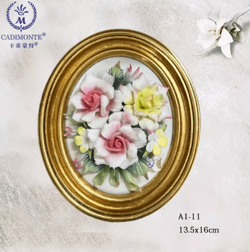 Beautiful Handmade Capodimonte Style Porcelain Flower Bouquet in Oval Frame Wall