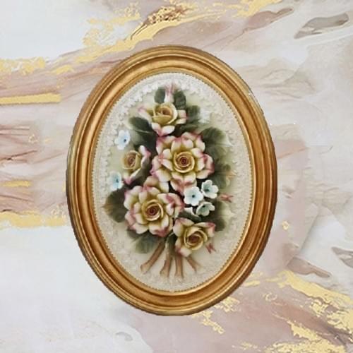 Beautiful Handmade Capodimonte Style Porcelain Flower Bouquet in Oval Frame Wall