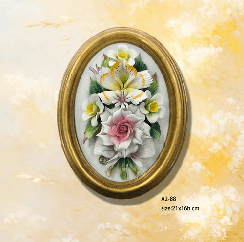 Beautiful Handmade Capodimonte Style Porcelain Flower Bouquet in Oval Frame Wall