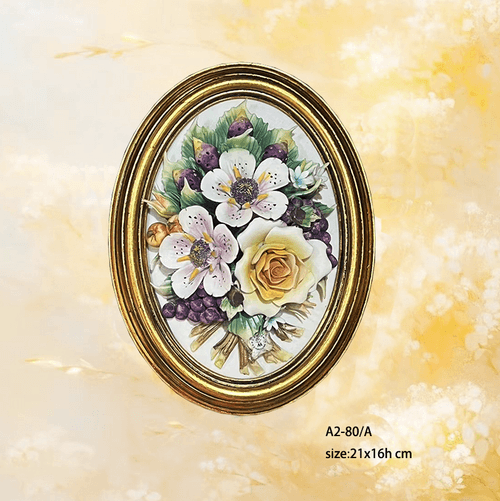 Beautiful Handmade Capodimonte Style Porcelain Flower Bouquet in Oval Frame Wall