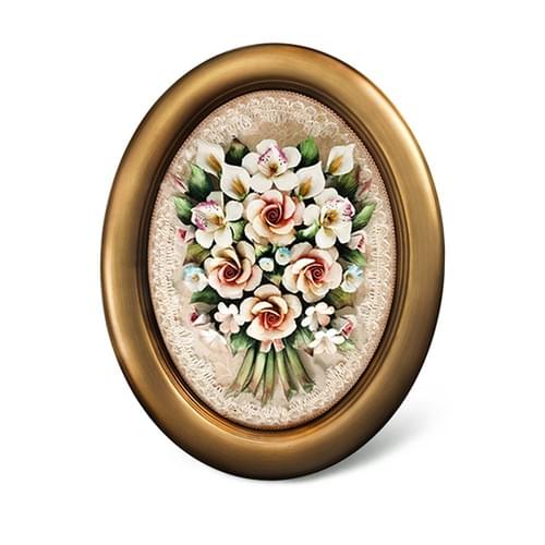 Beautiful Handmade Capodimonte Style Porcelain Flower Bouquet in Oval Frame Wall