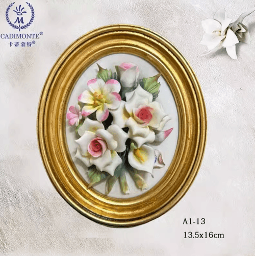 Beautiful Handmade Capodimonte Style Porcelain Flower Bouquet in Oval Frame Wall