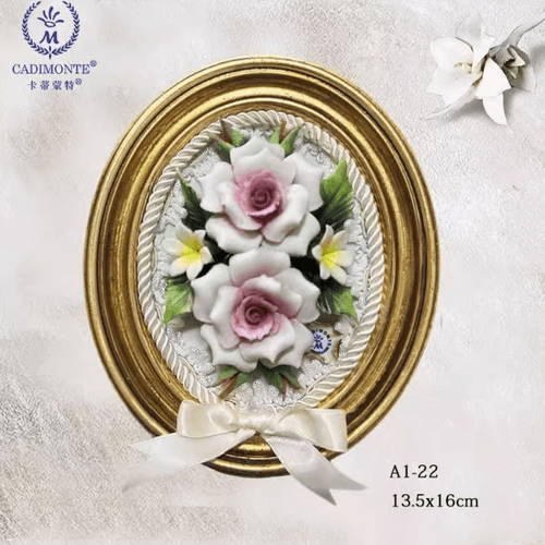 Beautiful Handmade Capodimonte Style Porcelain Flower Bouquet in Oval Frame Wall
