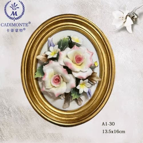 Beautiful Handmade Capodimonte Style Porcelain Flower Bouquet in Oval Frame Wall