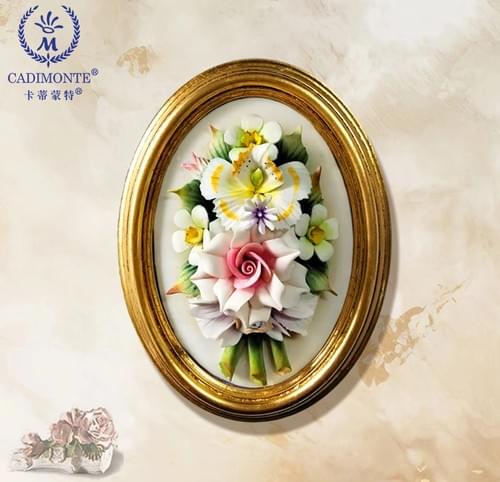 Beautiful Handmade Capodimonte Style Porcelain Flower Bouquet in Oval Frame Wall