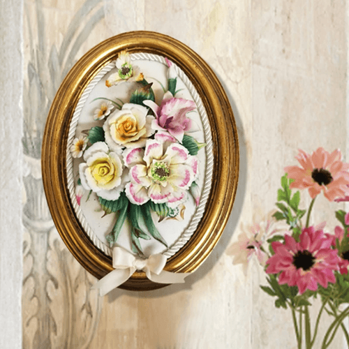 Beautiful Handmade Capodimonte Style Porcelain Flower Bouquet in Oval Frame Wall