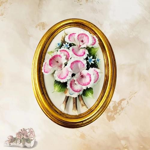Beautiful Handmade Capodimonte Style Porcelain Flower Bouquet in Oval Frame Wall