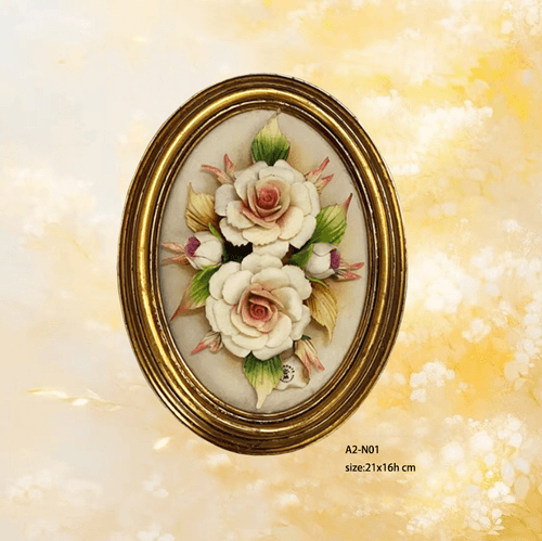 Beautiful Handmade Capodimonte Style Porcelain Flower Bouquet in Oval Frame Wall