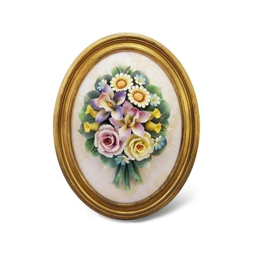 Beautiful Handmade Capodimonte Style Porcelain Flower Bouquet in Oval Frame Wall