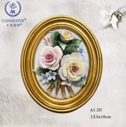 Beautiful Handmade Capodimonte Style Porcelain Flower Bouquet in Oval Frame Wall