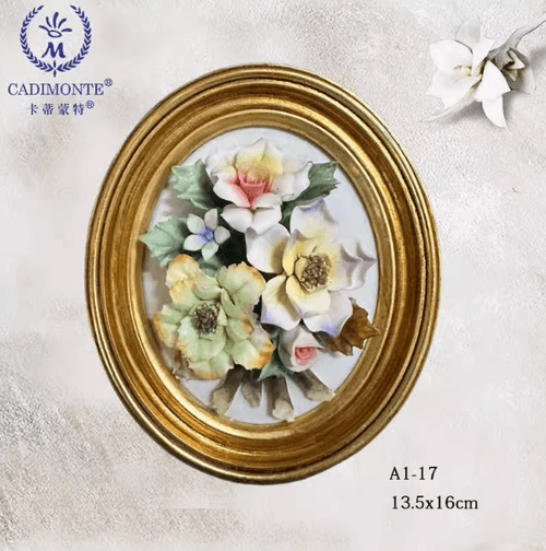 Beautiful Handmade Capodimonte Style Porcelain Flower Bouquet in Oval Frame Wall