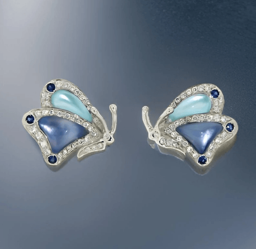 18ct White Gold Blue Topaz Mother of Pearl Rock Crystal Earrings