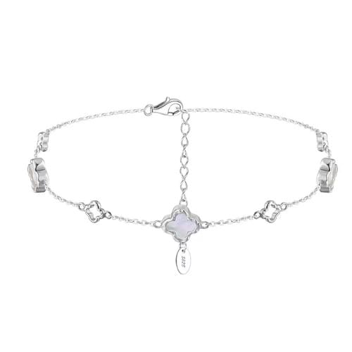 Wholesale S925 Sterling Silver Anklet Hollow Out Four Leaf Clover with White Shell