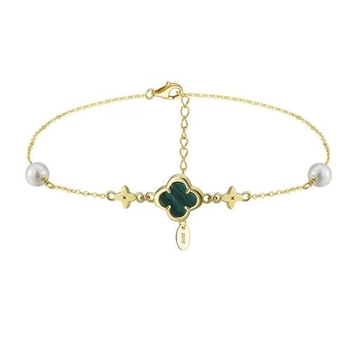 Factory New Style S925 Sterling Silver Malachite Four Leaf Clover Minimalist Dainty Boho Anklet