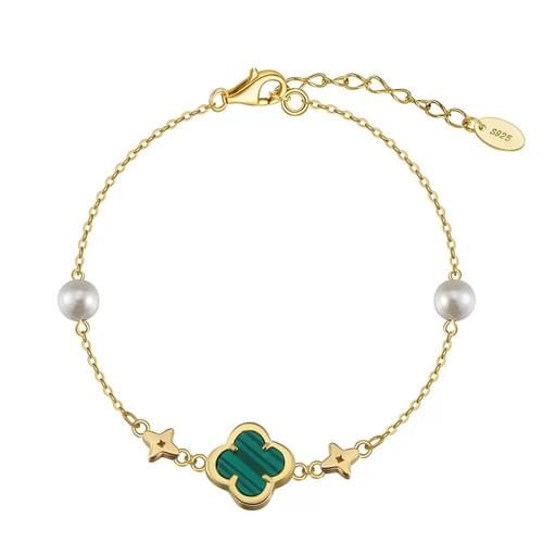 Wholesale Dual-Sided Design Emerald Clover S925 Silver Malachite & Pearl Bracelet
