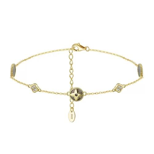 Factory Price Openwork Clover Anklet in S925 Silver with Zirconia & Black Shell